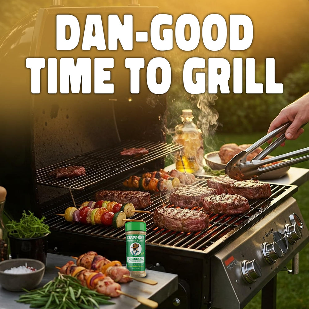 Dan-O's Butter Steak on grilled steak in backyard, enhances savory crust and flavor