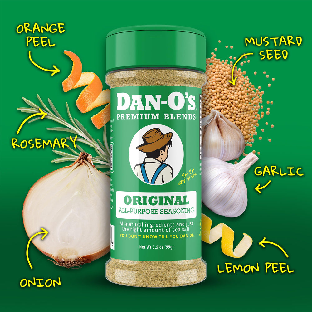 Dan-O’s Cheesoning label with Parmesan imagery showing savory finishing benefit