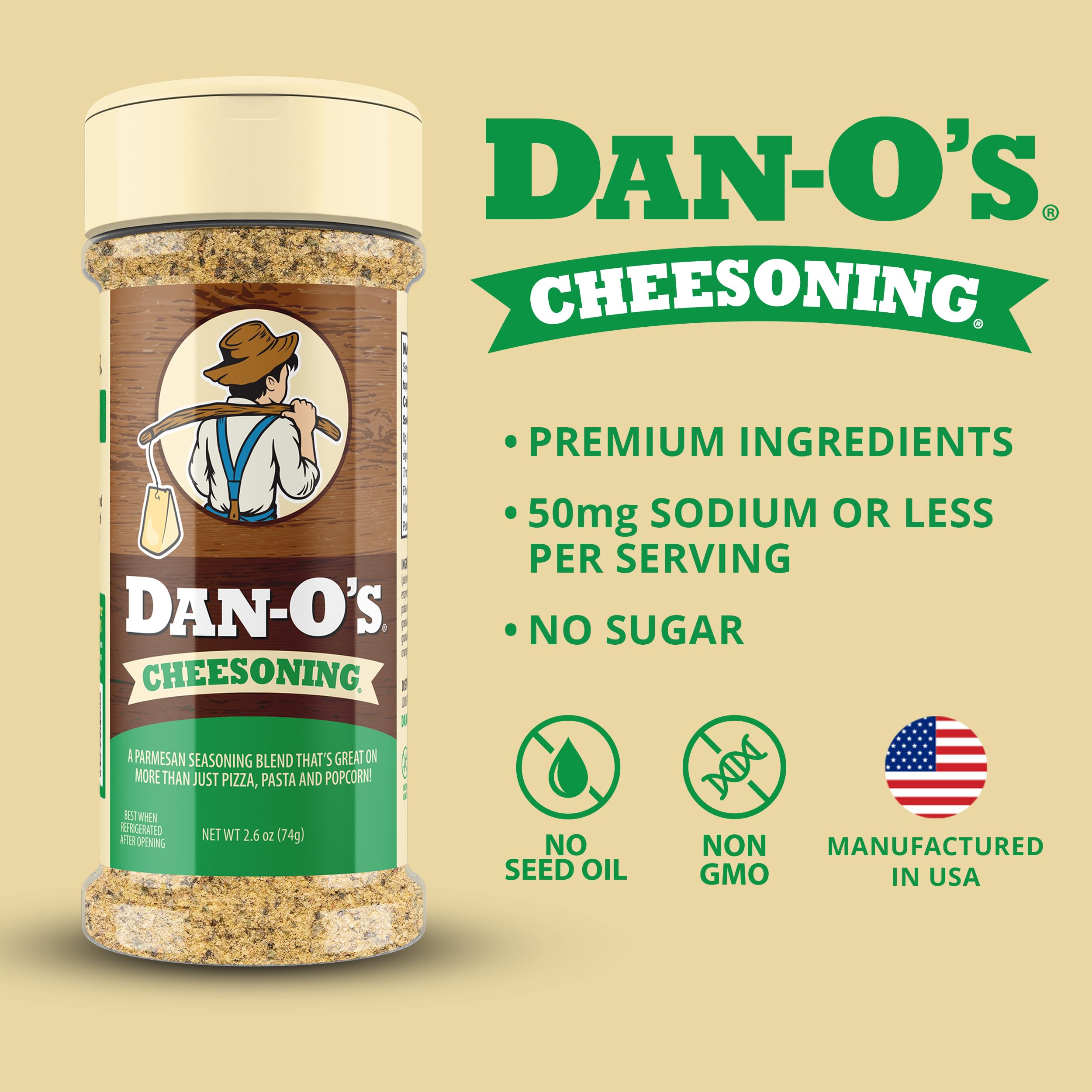 Dan-O's Cheesoning pouring over pasta delivering cheesy flavor without dairy