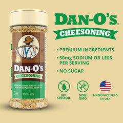 Dan-O's Cheesoning pouring over pasta delivering cheesy flavor without dairy