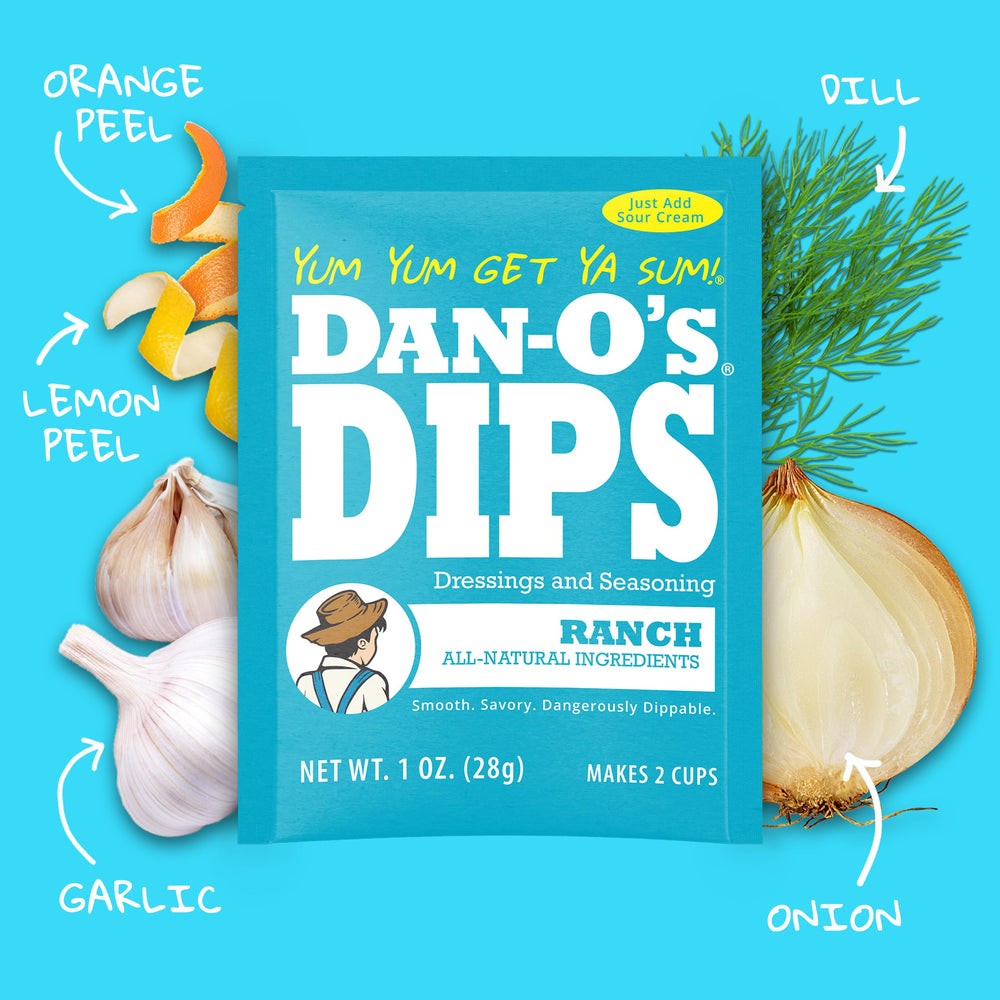 Prepared Ranch dip in bowl made from Dan-O’s packet for instant party-ready dip