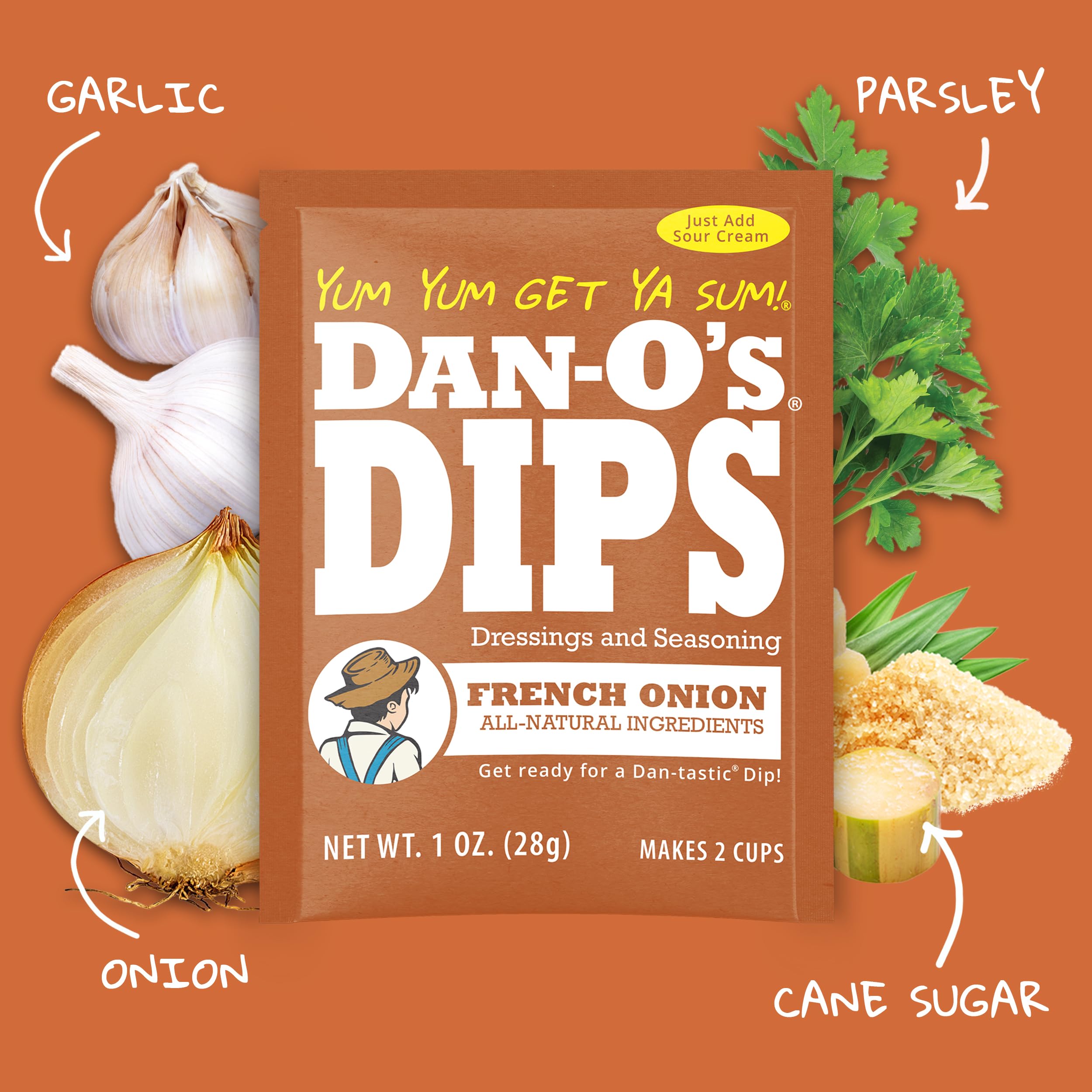 Dan-O’s French Onion packet label focused view and aromatic savory benefit
