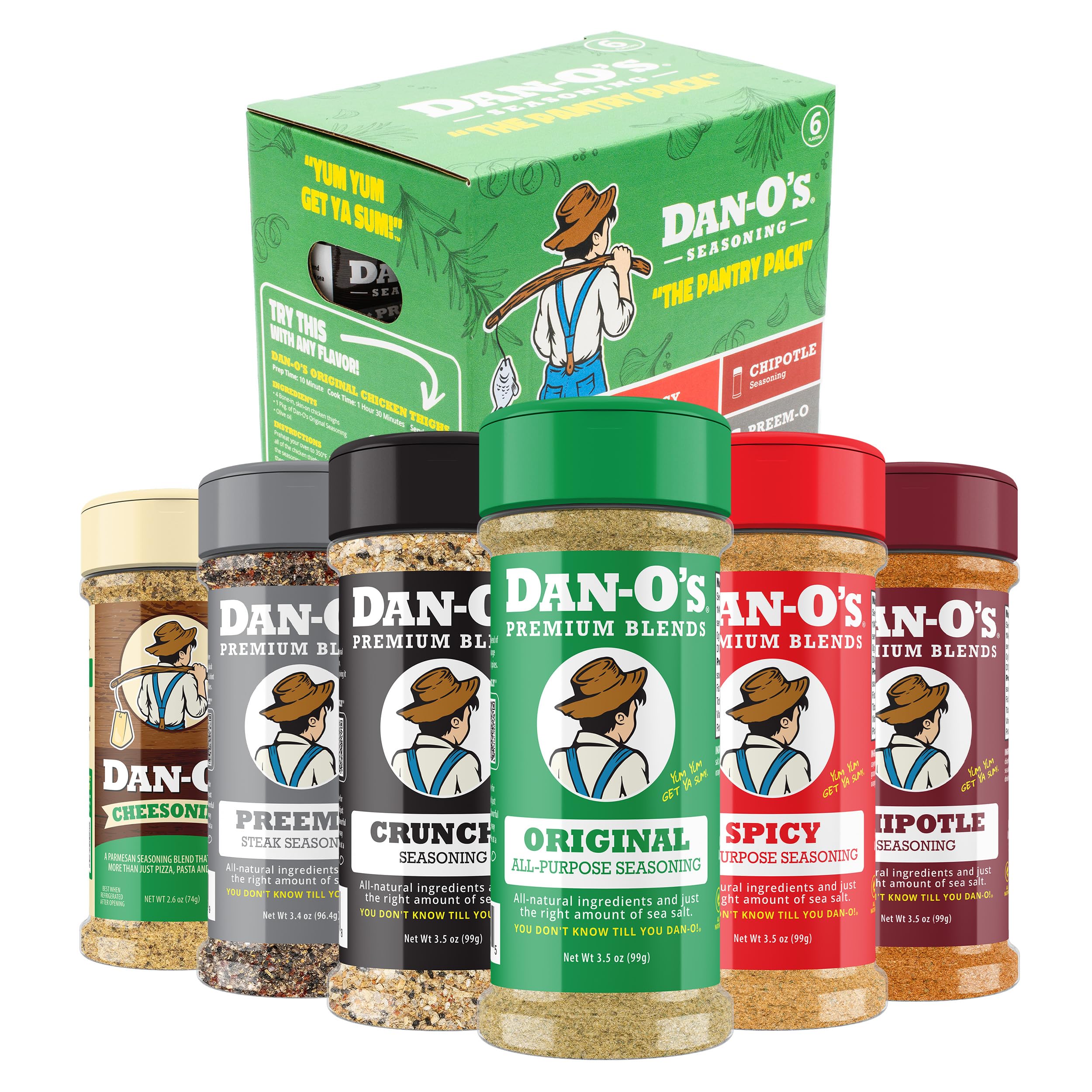 Dan-O's front packaging six bottle set showing variety and convenience