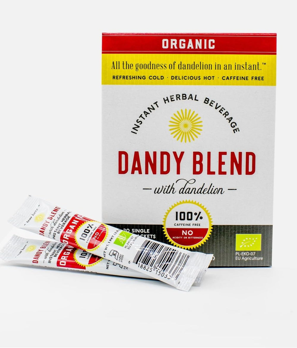 Dandy Blend front box showing organic single-serve packets and branding benefit convenience