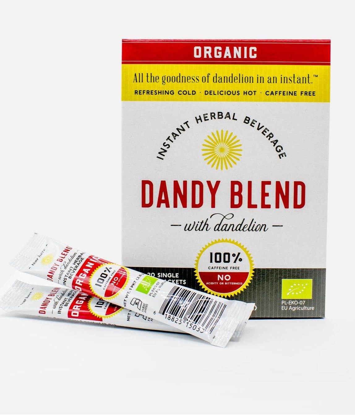 Dandy Blend front box showing organic single-serve packets and branding benefit convenience