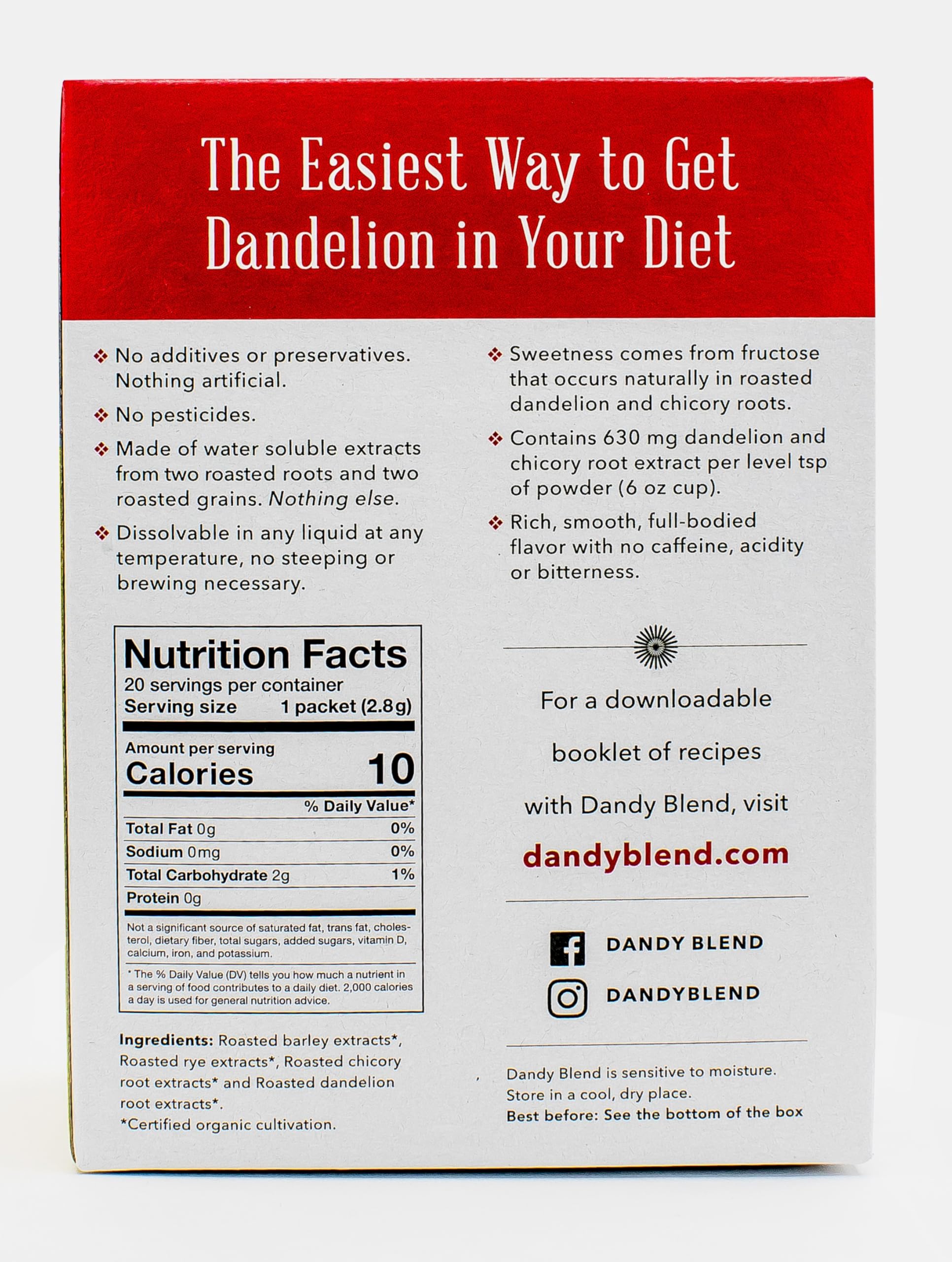 Dandy Blend single-serve packet opened to show instant powder and travel-friendly use