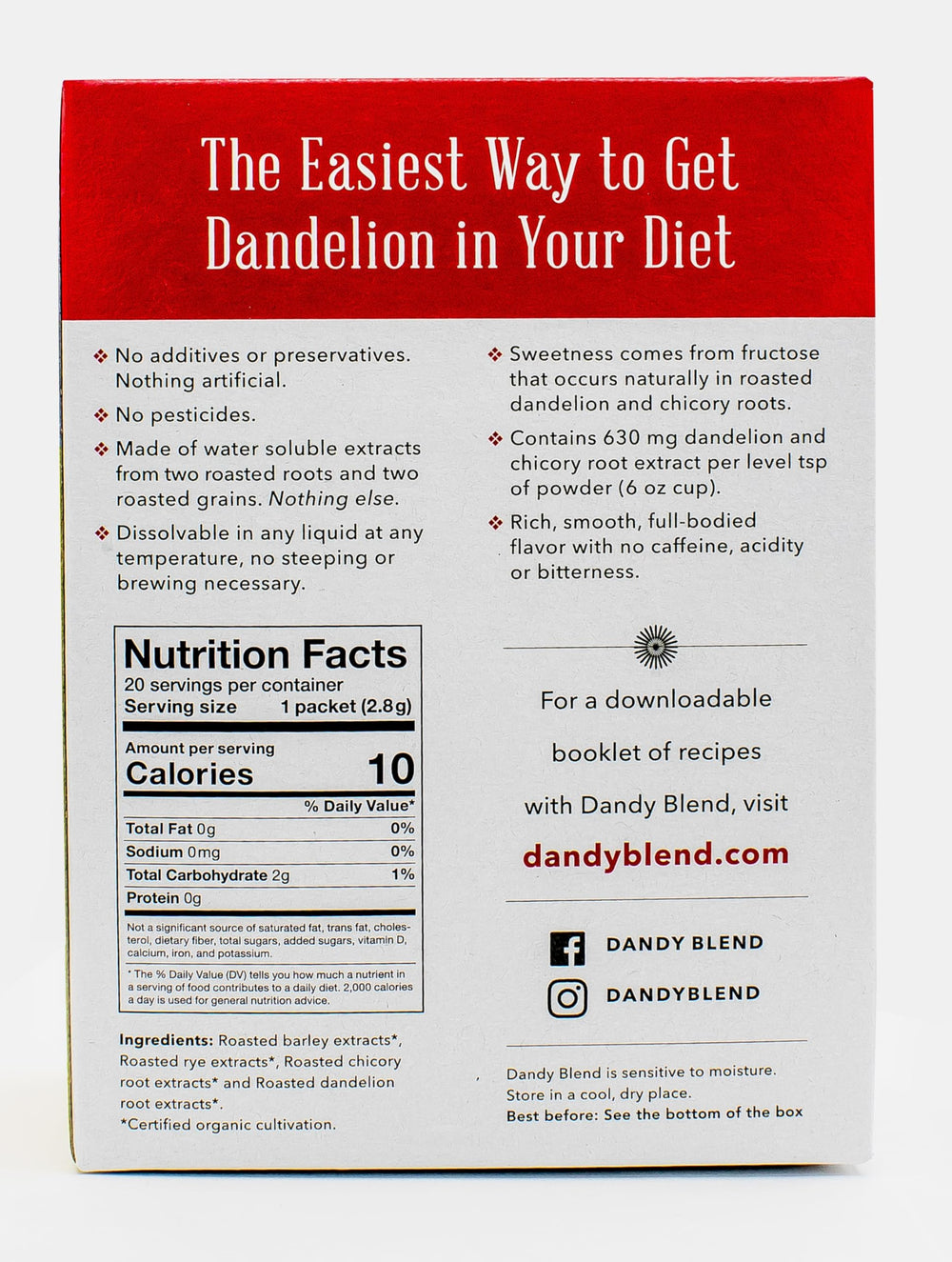 Dandy Blend single-serve packet opened to show instant powder and travel-friendly use