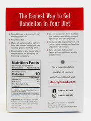 Dandy Blend single-serve packet opened to show instant powder and travel-friendly use