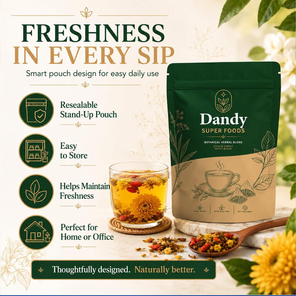 Dandy Superfoods brewed tea cup steaming hot to showcase a mild, comforting herbal sip