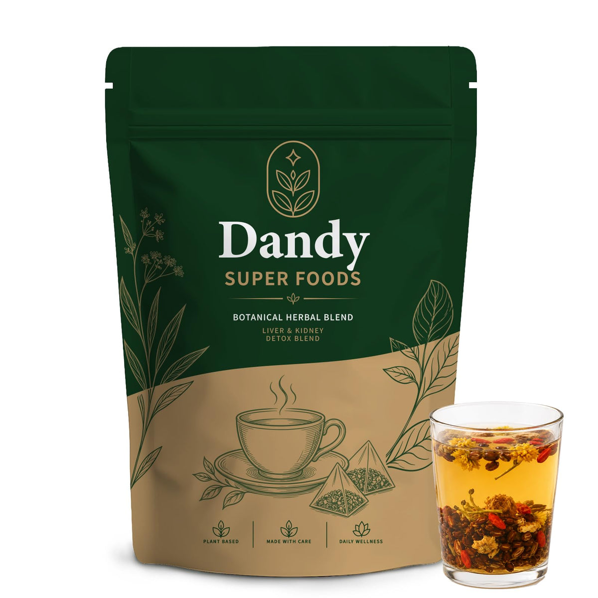 Dandy Superfoods front packaging showing herbal detox tea — clear product identity and convenience