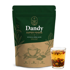 Dandy Superfoods front packaging showing herbal detox tea — clear product identity and convenience