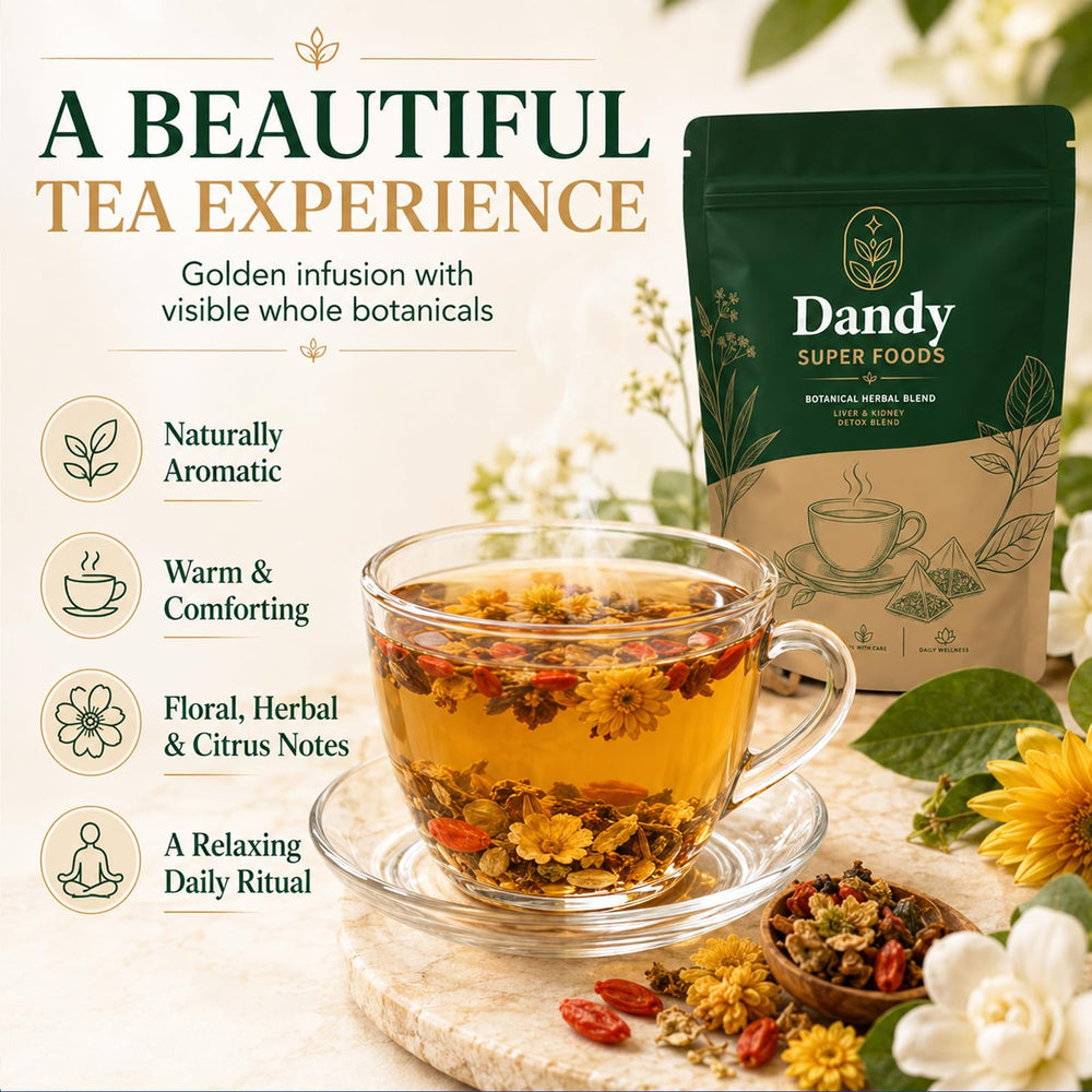 Dandy Superfoods iced tea pitcher with lemon illustrating a refreshing cold serving option