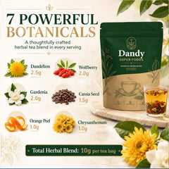 Dandy Superfoods loose ingredients flatlay with dandelion root and goji for ingredient transparency