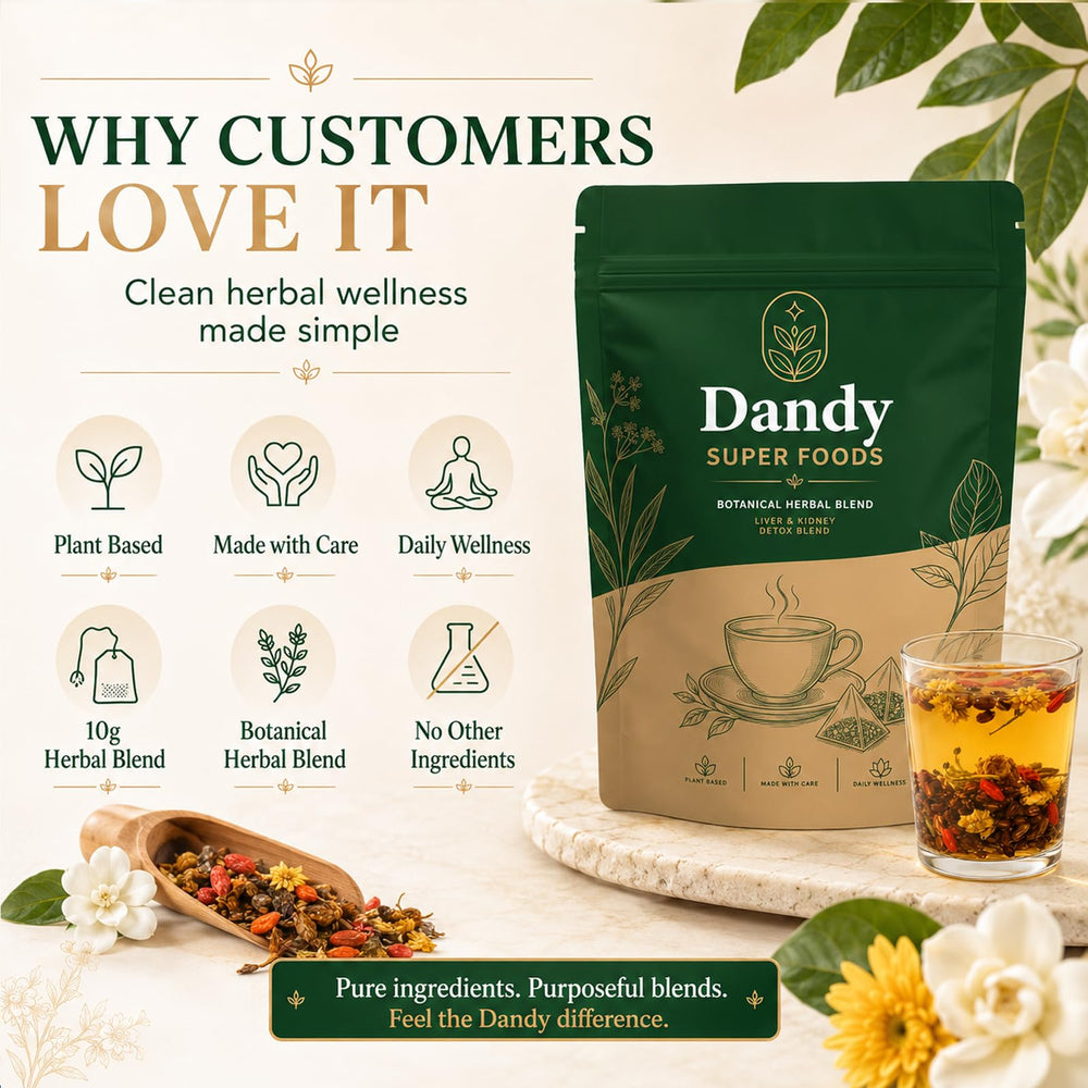 Dandy Superfoods tea size comparison next to a mug to show single-serve portability