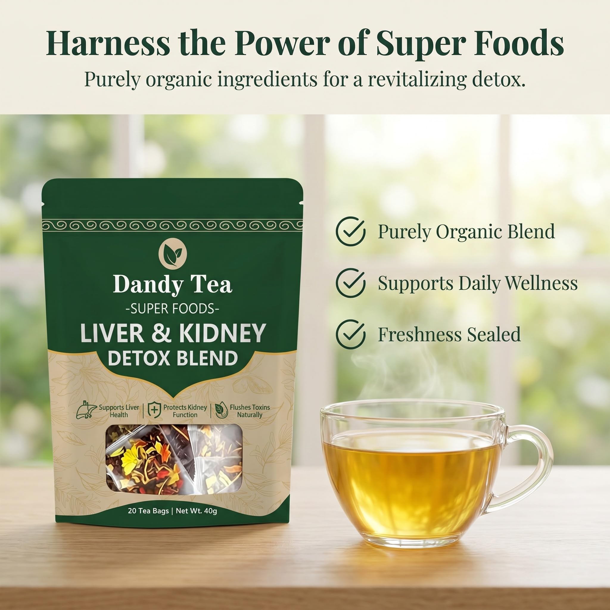 Dandy Tea loose herbs texture showing dandelion and goji pieces