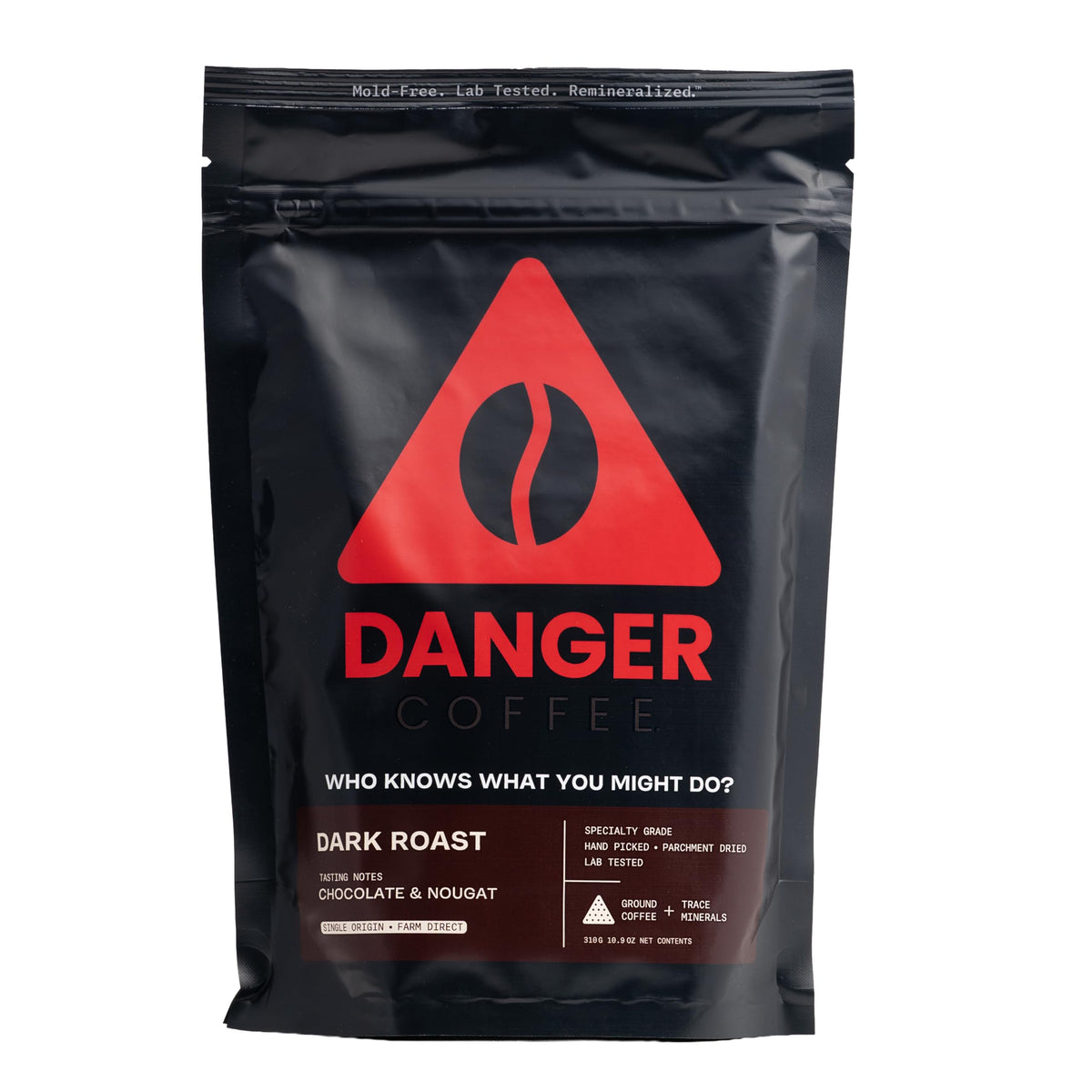 Danger Coffee bag front view showing dark roast label and clean sourcing benefits