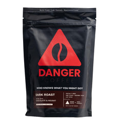 Danger Coffee bag front view showing dark roast label and clean sourcing benefits