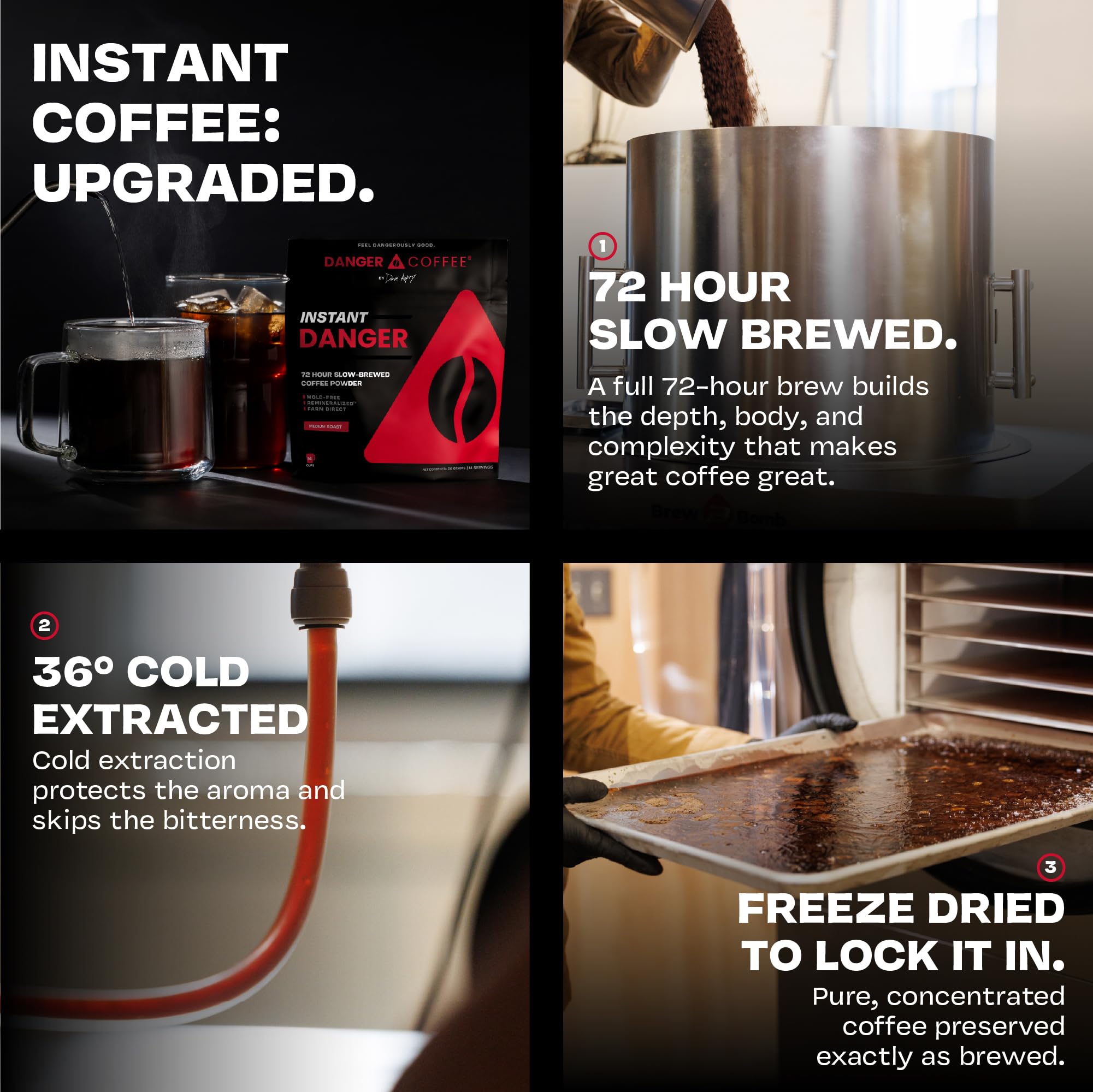 Danger Coffee dissolving in water demonstrating smooth, clump-free mix