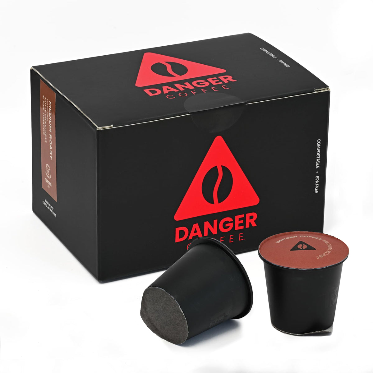 Danger Coffee front packaging showing medium roast 12 pods and eco benefits