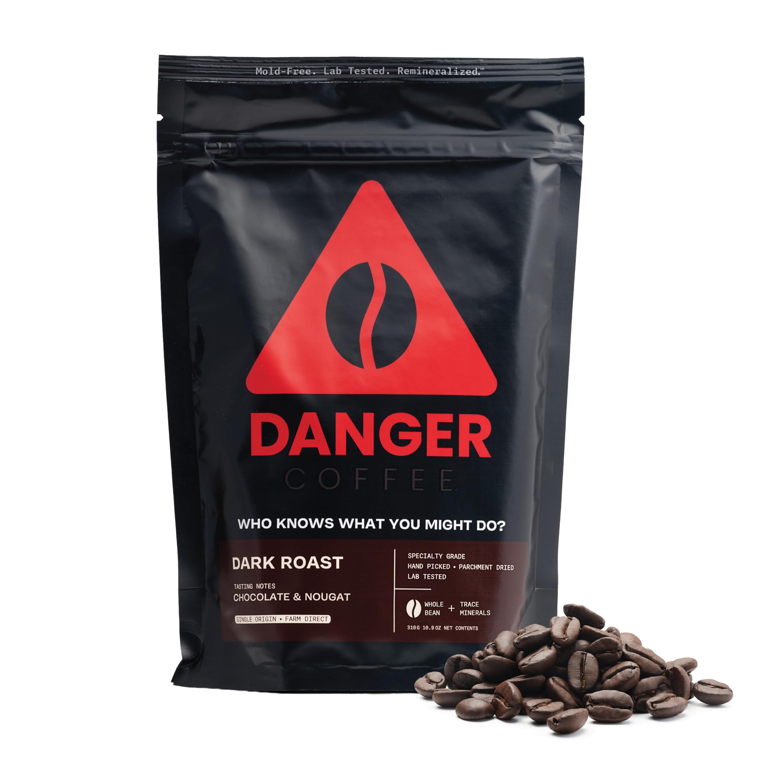 Danger Coffee front packaging showing brand and dark roast benefits