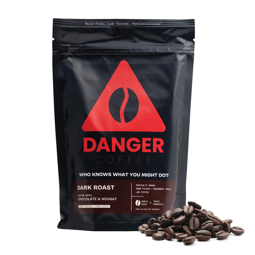 Danger Coffee front packaging showing brand and dark roast benefits