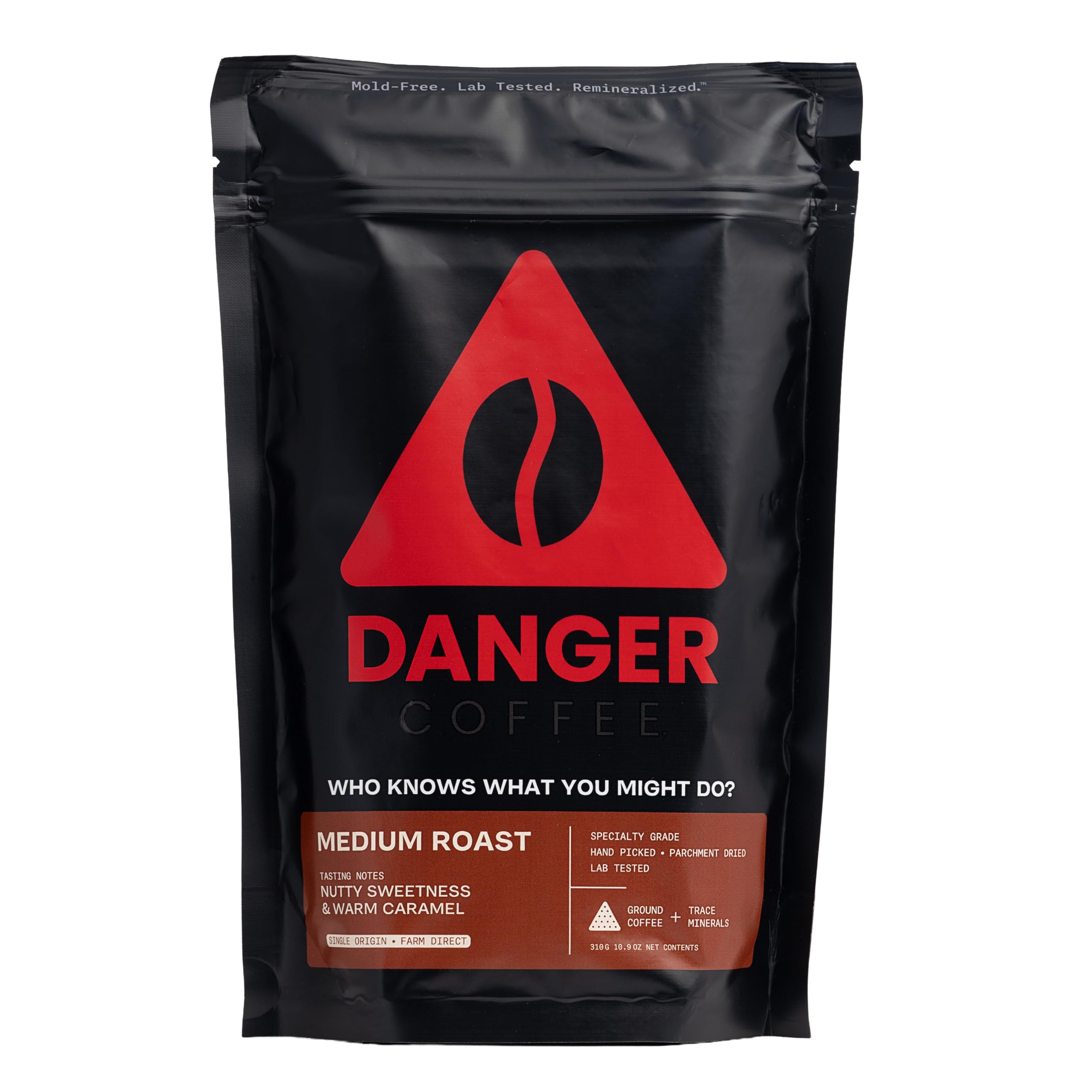 Danger Coffee front packaging showing bag and brand, highlights purity