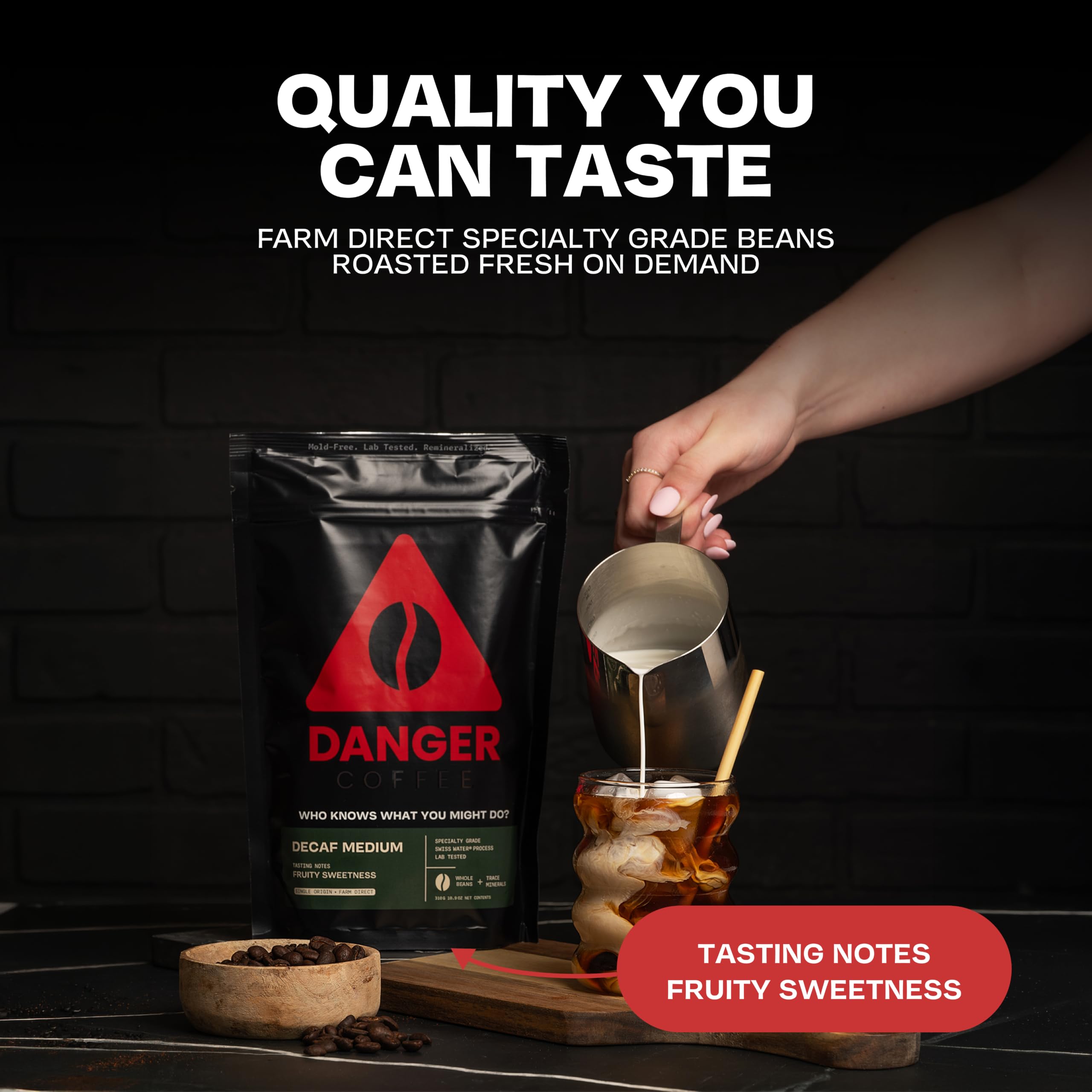 Danger Coffee label detail with remineralization and Swiss Water process benefit