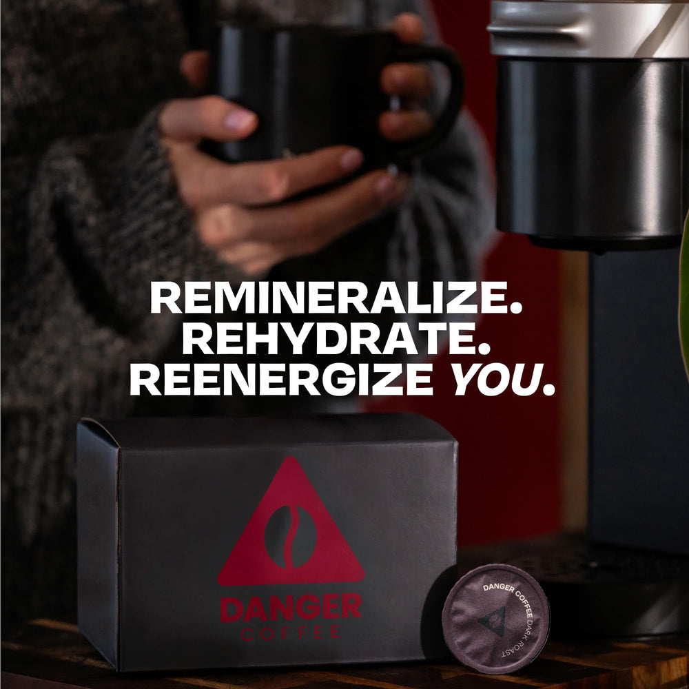 Danger Coffee pod label detail highlighting dark roast tasting notes