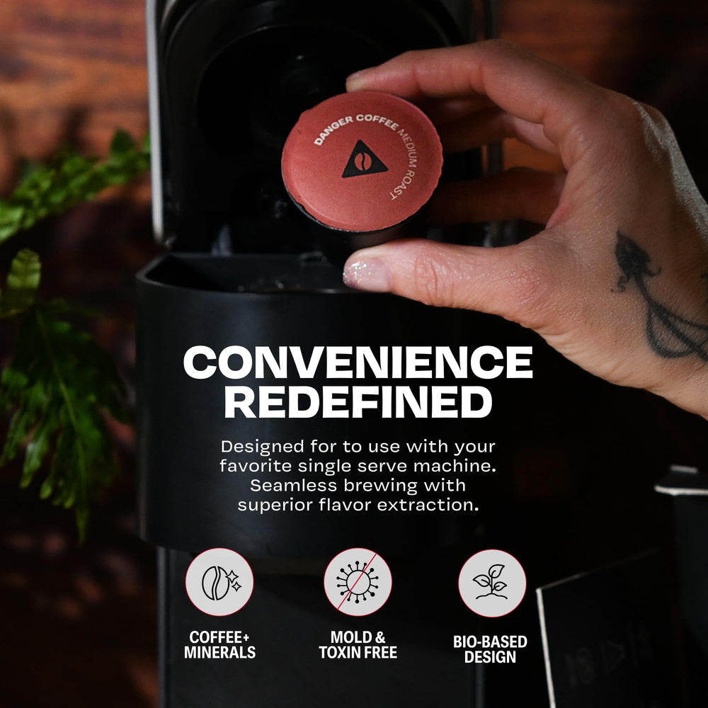 Danger Coffee pod close-up highlighting compostable shell and premium seal