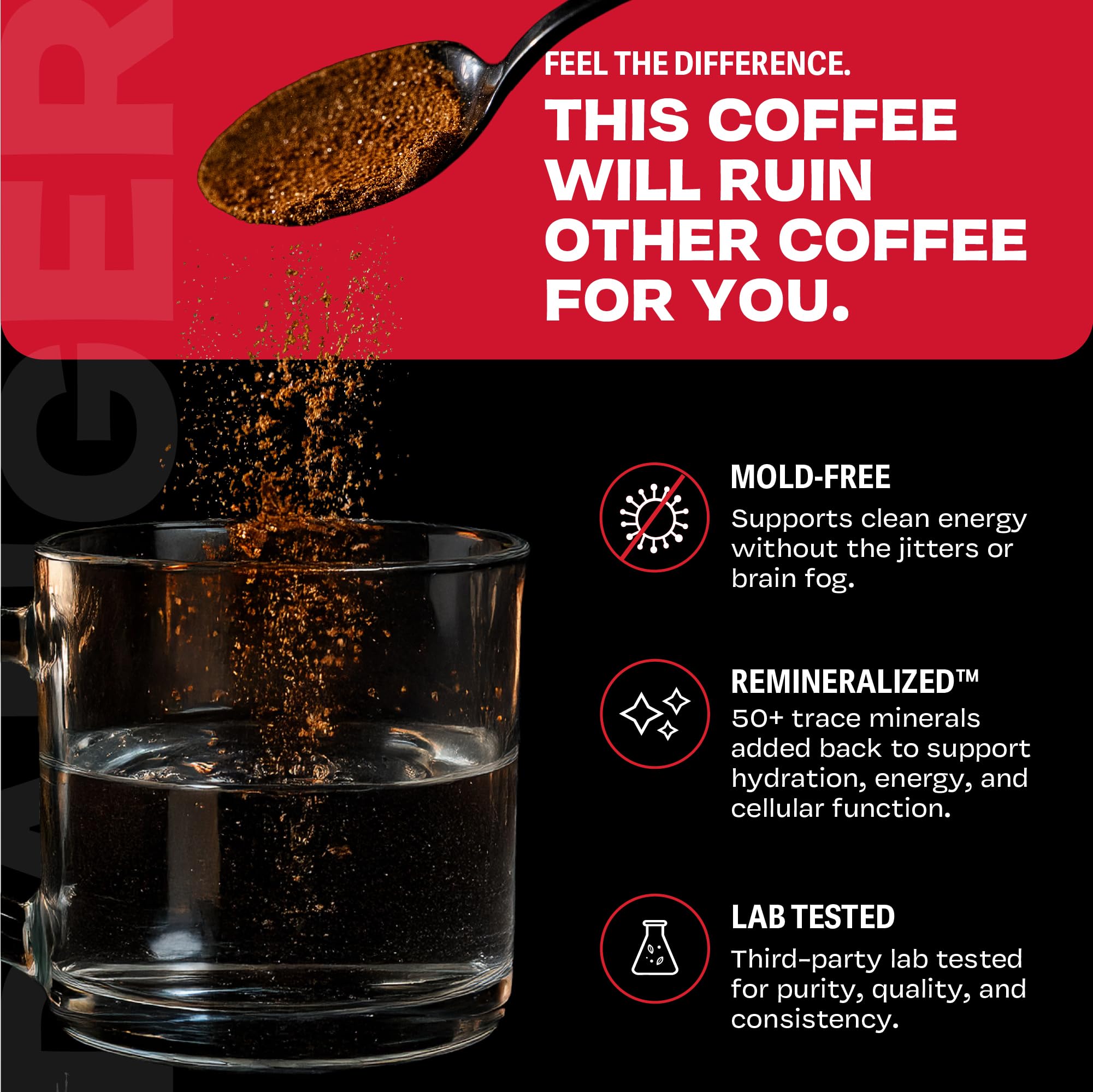 Danger Coffee powder close-up highlighting fine texture and quick dissolve