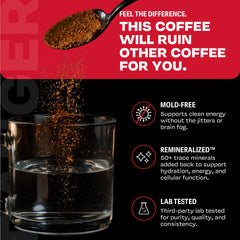 Danger Coffee powder close-up highlighting fine texture and quick dissolve