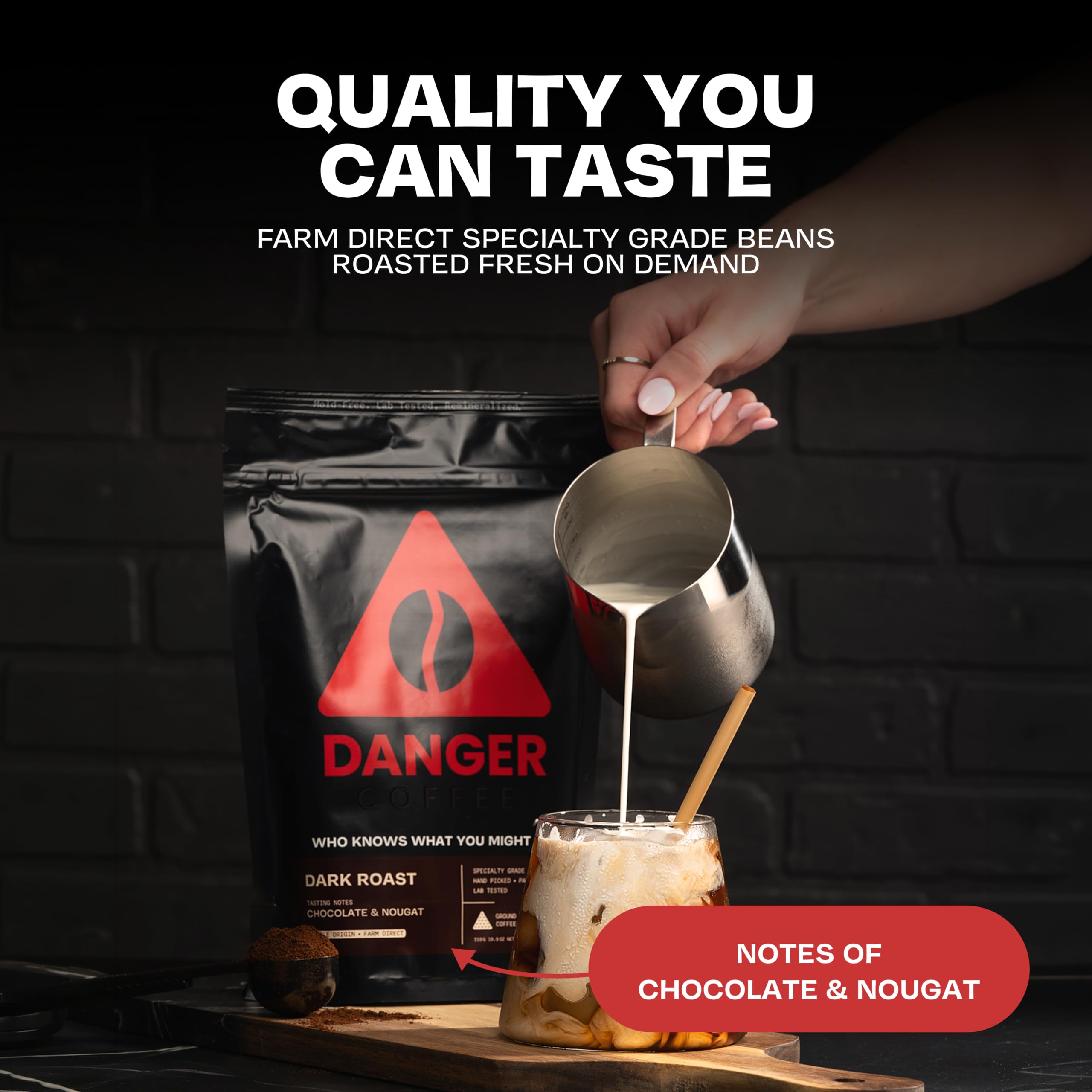 10.9 oz Danger Coffee bag beside a measuring cup showing package scale