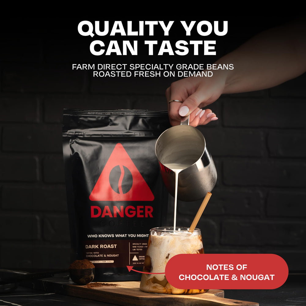 10.9 oz Danger Coffee bag beside a measuring cup showing package scale