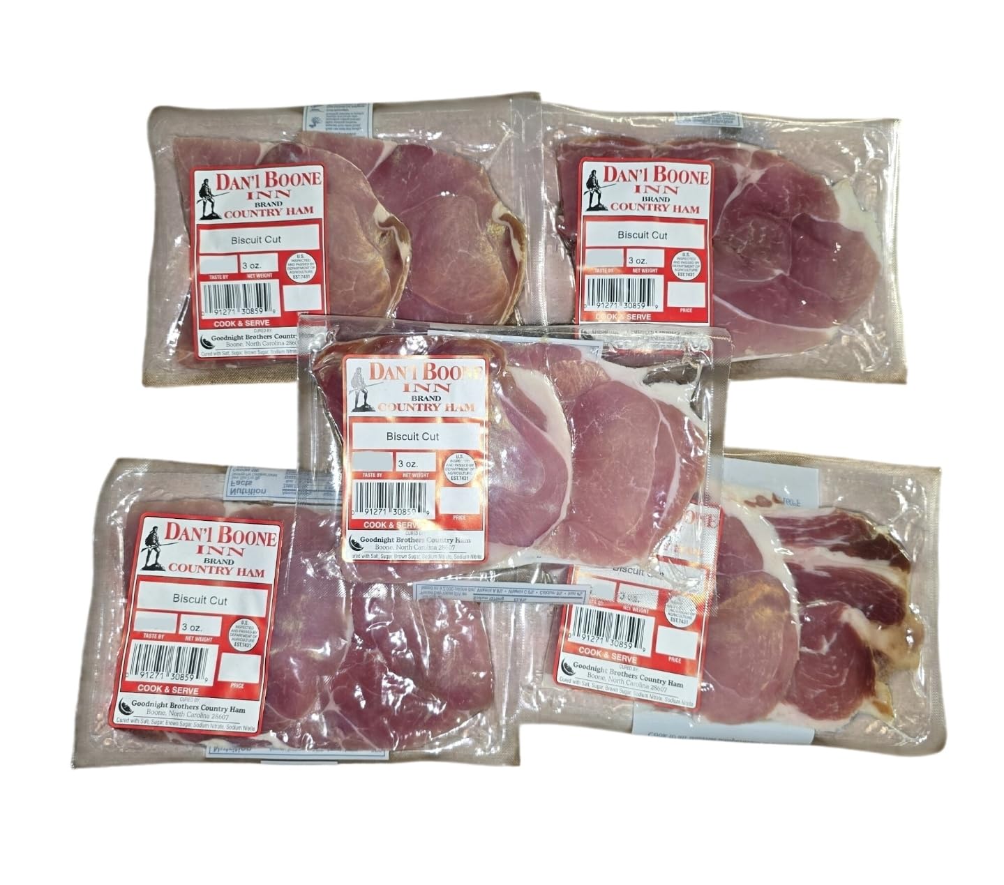 Dan'l Boone Inn front packaging showing five sealed biscuit-cut ham packs and branding benefit