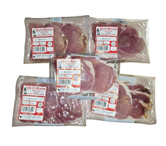 Dan'l Boone Inn front packaging showing five sealed biscuit-cut ham packs and branding benefit