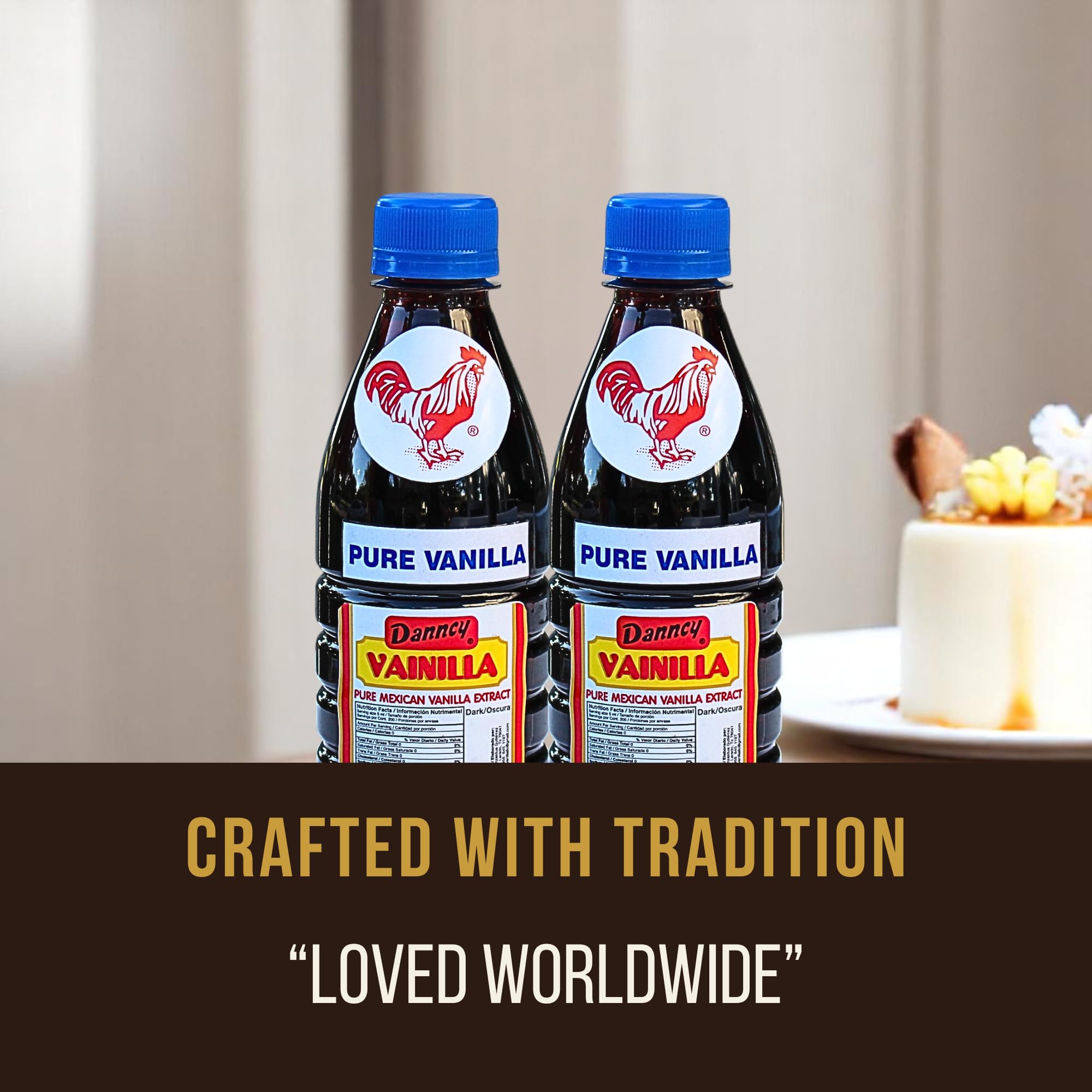 Danncy vanilla dark bottle beside measuring cup to show size and portioning