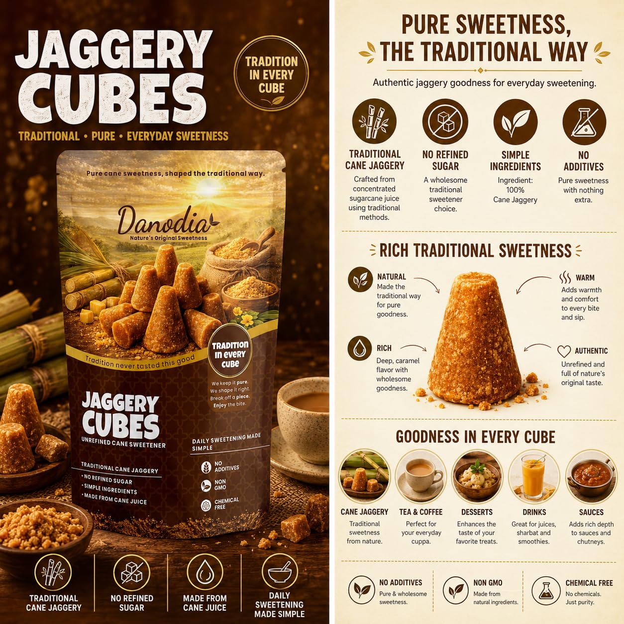Danodia Foods cube dissolving in tea for natural sweetening