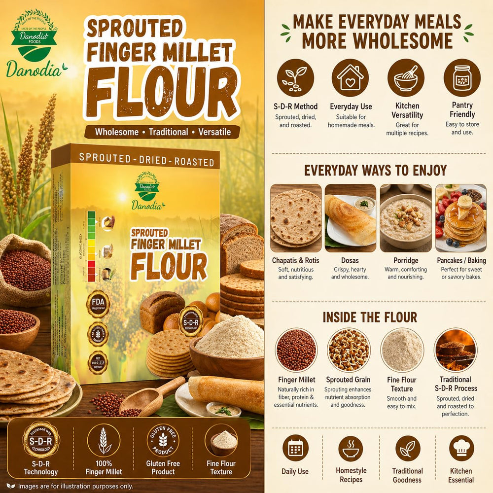 bowl and scoop of Danodia Foods finger millet flour demonstrating precise measuring convenience