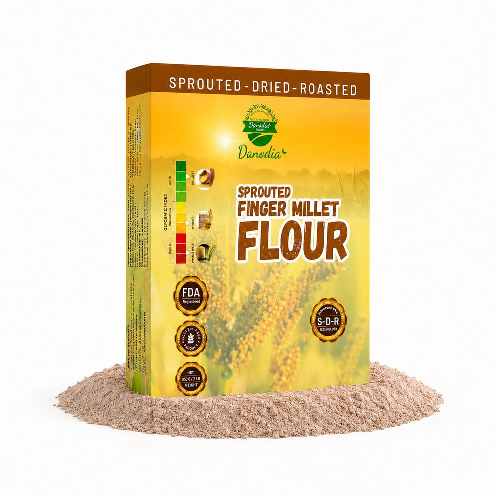 Danodia Foods front pack of finger millet flour showing organic label and 2lb size benefits