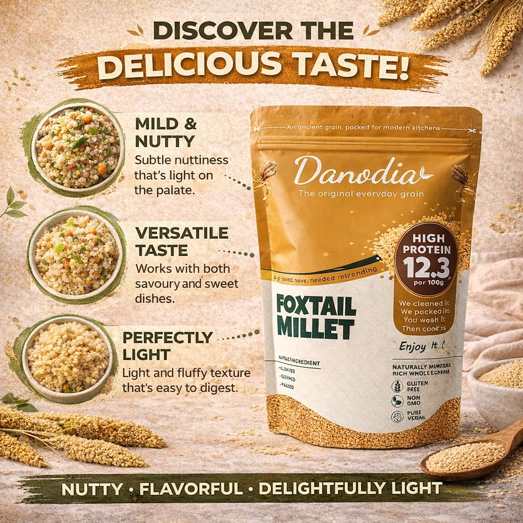 Danodia Foods millet pouring from spoon, demonstrates easy portioning and use