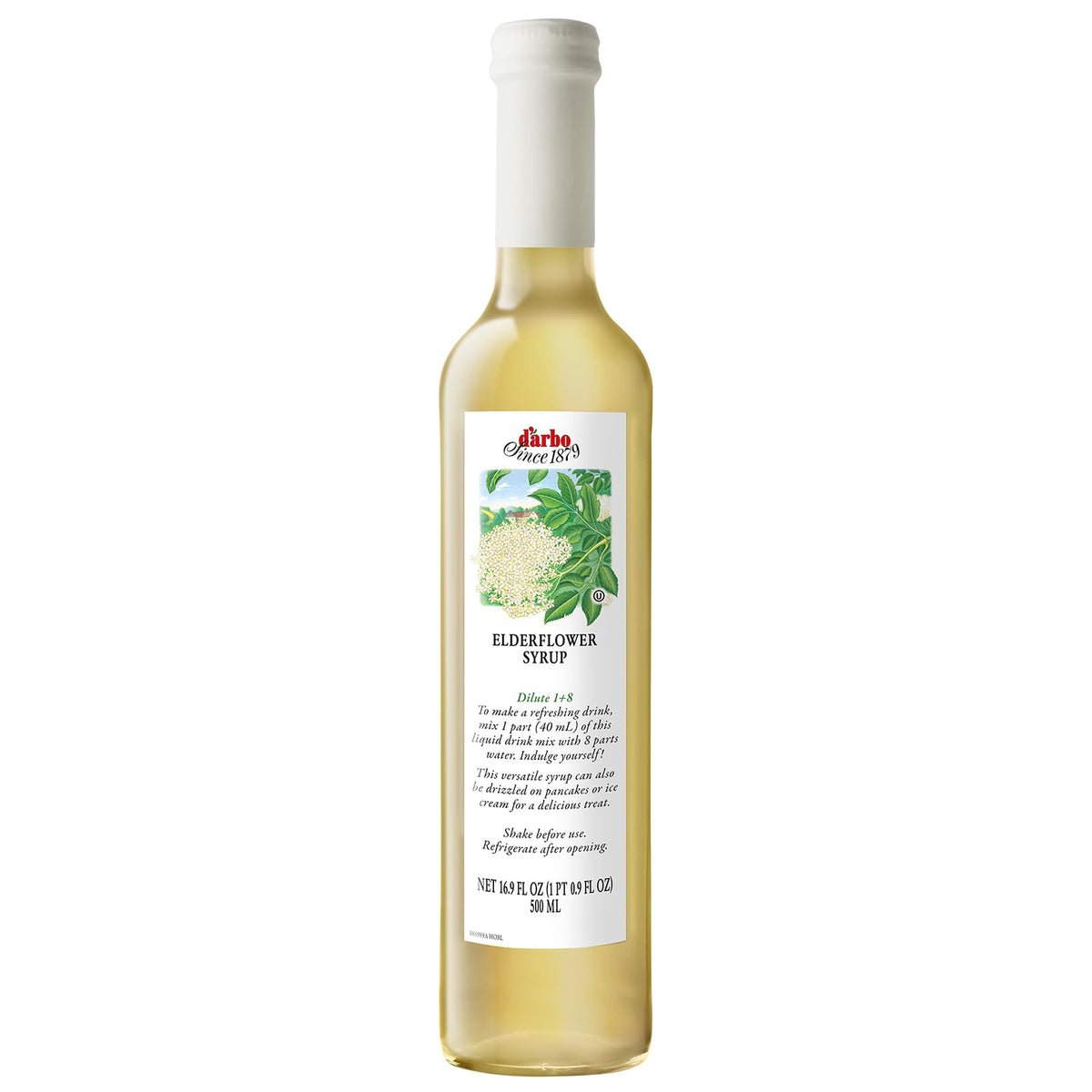 D’arbo elderflower front packaging showing bottle and elegant design