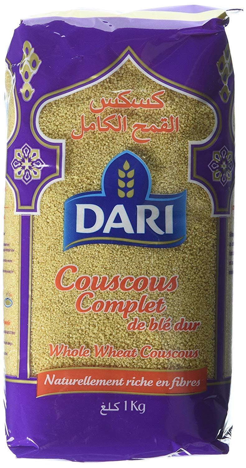 Dari whole wheat couscous front packaging shows brand and product for pantry convenience