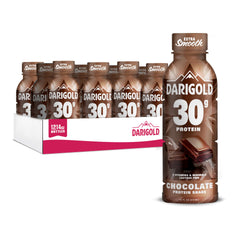 Darigold front packaging of chocolate protein shake showing nutrition benefits