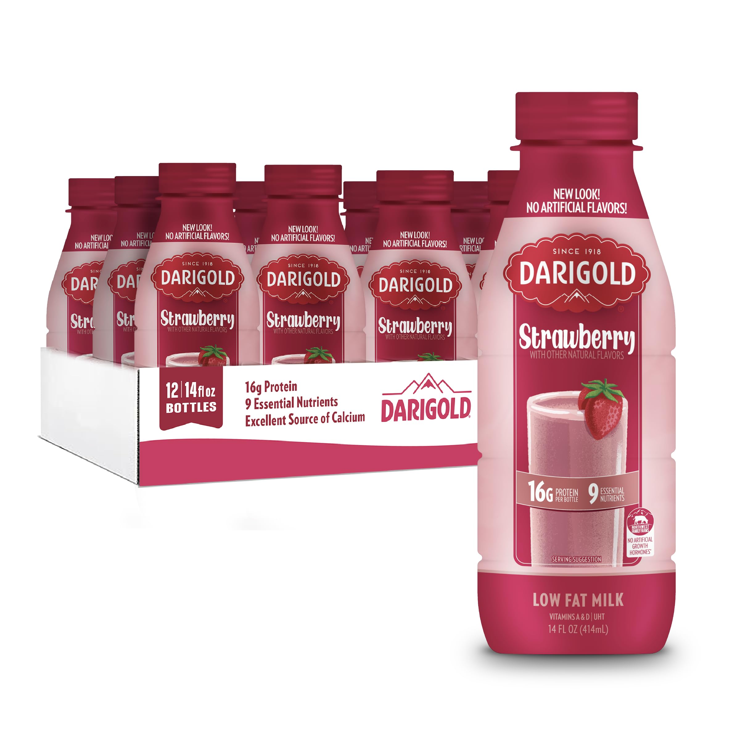 Darigold bottle front packaging showing strawberry milk and brand benefit
