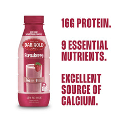 Darigold strawberry milk poured into glass showing creamy texture and protein boost