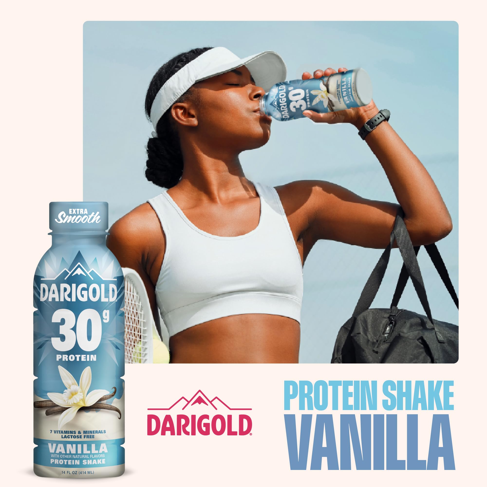 Darigold vanilla protein shake label and nutrition facts highlighting 30g protein