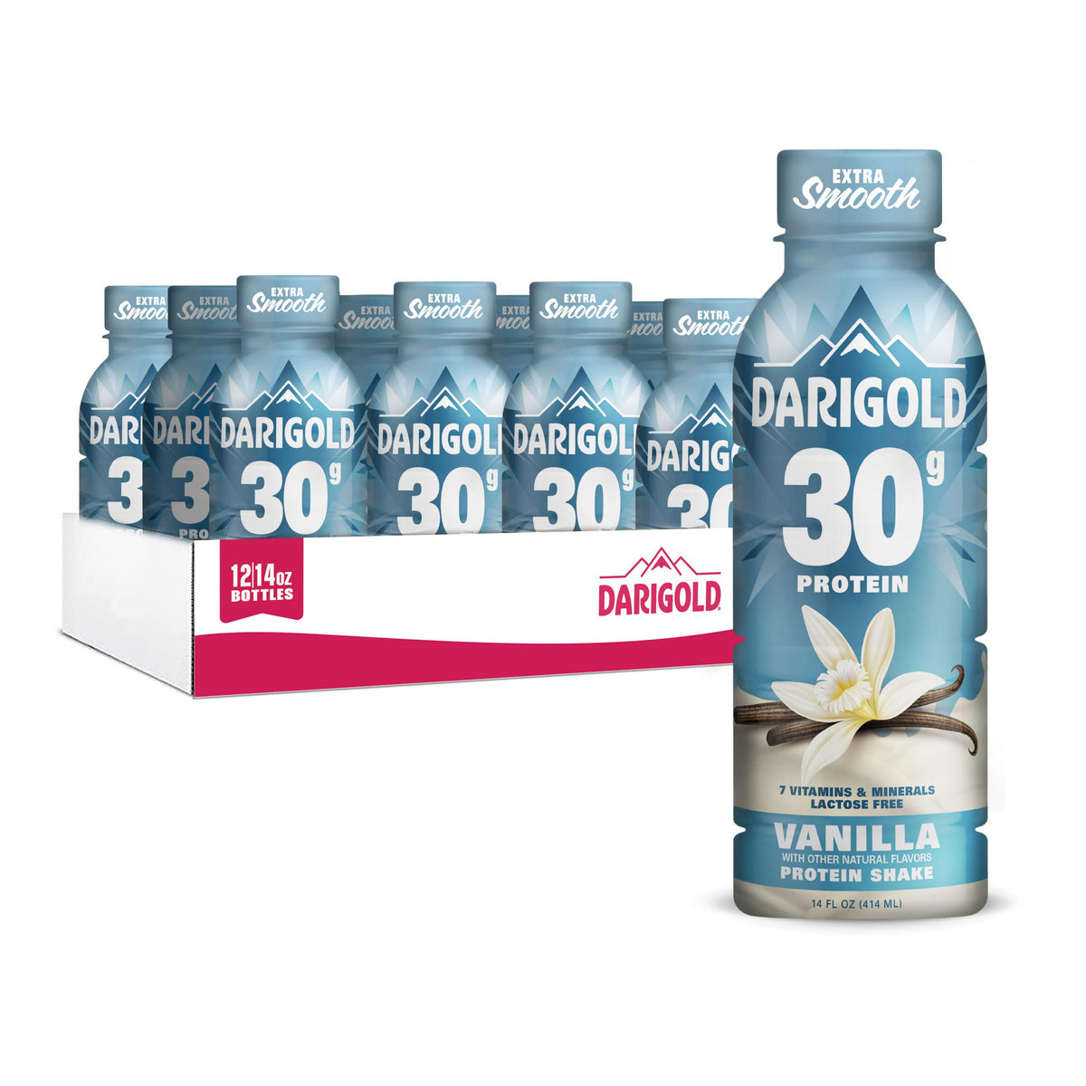 Darigold vanilla protein shake front packaging showing bottle and label benefit convenience