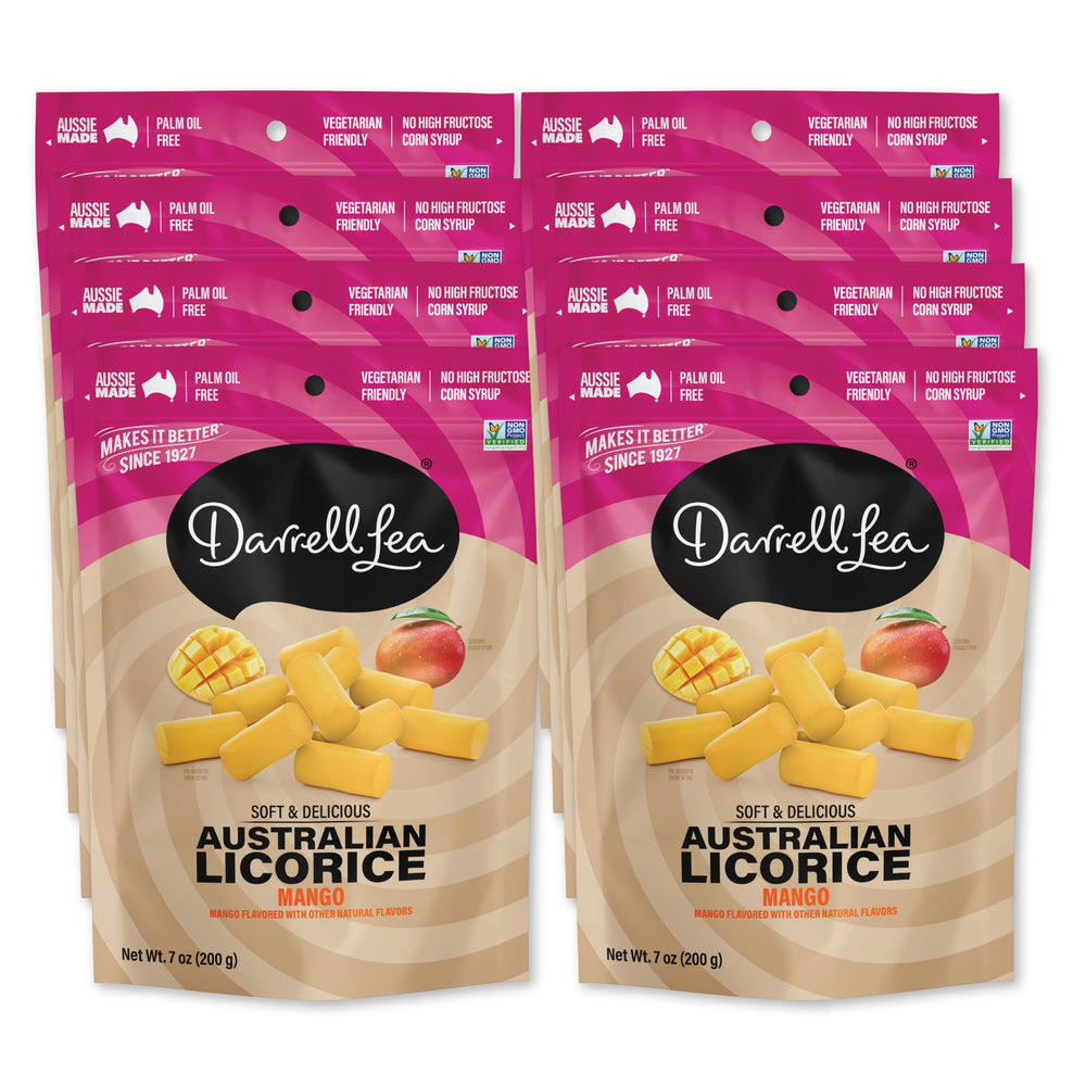 Darrell Lea front packaging mango licorice showing branding and pack benefits