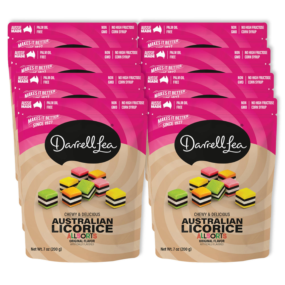 Darrell Lea front packaging showing assorted soft licorice pieces and variety benefits