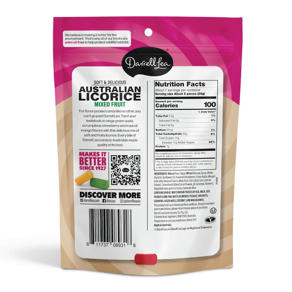 Darrell Lea close-up of soft chewy licorice texture highlighting tender chew and fruit colors